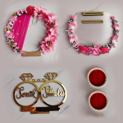 Image of Wedding Vibes Wooden Engagement Ring Platter Tray | 2 Detachable Ring Boxes | Pink Theme | Personalized Name Customization Available | 10 x 10 x 10 Inch