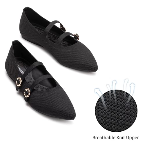 BEJINASH Women's Mary Jane Flat Dressy Knitted Shoes with Double Adjustable Strap Ballets Comfortable for Work Pointed Toe Flats Shoes for Women3