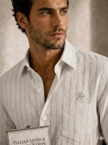Image of Men's Lilan Vertical Stripe Regular Fit Full Sleeve Shirt with Chest Pocket | Cream Beige Casual Shirt