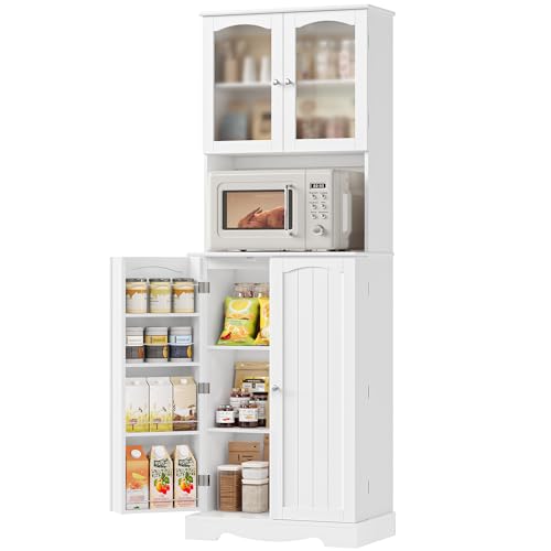 HOCSOK Sideboard, 181cm Küchenschrank Hoch, Buffetschrank mit Mikrowellenregal und 8 Türablagen, Freistehender Küchenvorratsschrank für die Küche, Moderner Stil, weiß