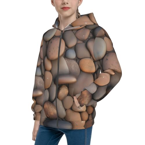 Medium Pebbles in the beach Print Girls Athletic Zip Up Hoodies,Sweatshirts with Pockets Long Sleeve Hooded Jackets, for 7-18 Y Black