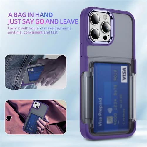 Image of KARWAN Shockproof Translucent Cardholder Back Case Cover Compatible with iPhone 15 Pro Hybrid with Strong Minimalist Design (Purple)