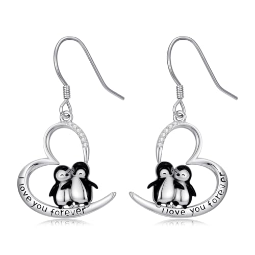 KoyeKei Penguin Earrings Gifts for Women 925 Sterling Silver 2 Penguin Heart Dangle Drop Earrings Cute Jewelry Christmas Mothers Day Gift for Mom for Daughter
