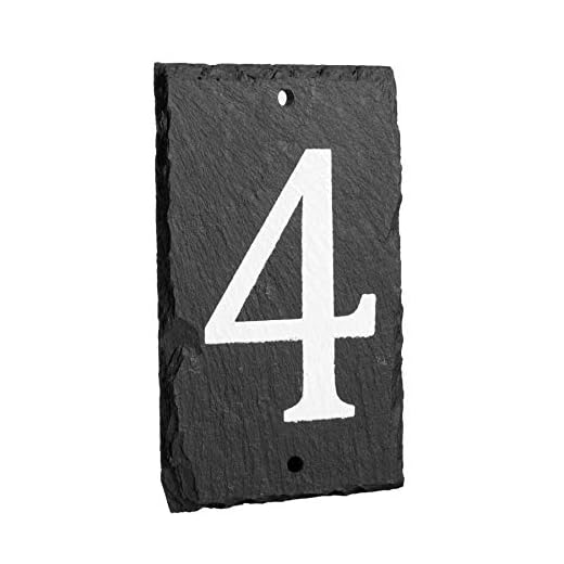 Number 4-14.5 x 9cm Natural Solid Slate House Number Plaque (0-9) Indoor & Outdoor Rustic Door Numbers Sign Including Fixings & Caps - by Nicola Spring