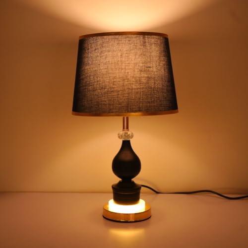 Image of Black and Gold Decorative Table Lamp with Crystal Glass & Fabric Shade | 48 cm Height, Inbuilt Base LED, Bulb Included