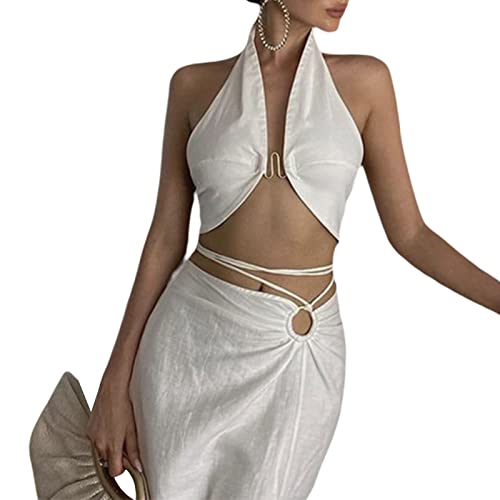 Sastianaen Women Halter Neck Vest, Solid Color Deep V-Neck Hook Buckle Decoration Slim Fit Cropped Tank Tops4