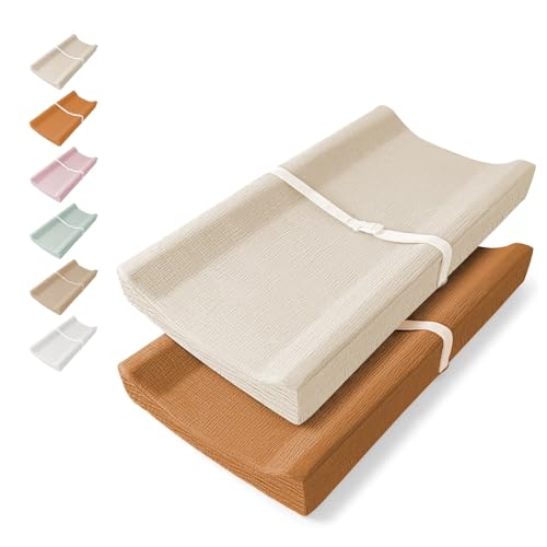 Image of Comforista Muslin Changing Pad Cover 2 Pack, Soft Baby Changing Pad Covers, Stays in Place, Fits Standard 32x16 Inches Changing Pads, No Shrink, Perfect for Baby Girls (Brown & Beige)