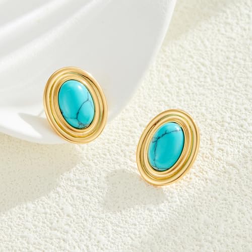 Chunky Gold Color Earrings Fashion Geometric 18K Gold Turquoise Lapis Lazuli Green Red Oval Earrings for Women4