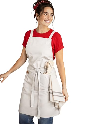 Image of Kitchen Apron - 100% Cotton, Adjustable Neck strap, Large Pocket - Unisex Apron for Men & Women - Cooking, Baking, BBQ, Gardening - Solid Colours, Striped and Checkered Patterns