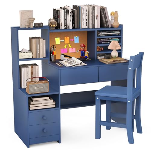 Childrens Computer Desk with 4 Drawers Blue Kids Desk and Chair Set for 5 12 Year OldKids Study Table with Storage Shelf lb10
