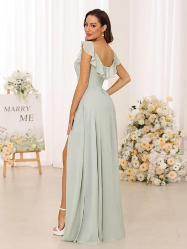 A-line Pleated Chiffon Bridesmaid Dress for Women, Long V Neck Formal Evening Dress Ruffles Straps Prom Dresses2