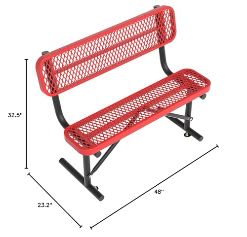 Image of 4ft Metal Park Bench with Back, Red Heavy-Duty Steel Outdoor Bench Dock Bench Weatherproof Long Bench Seats, Commercial Garden Benches for Lawn, Park, Deck, Garden, Patio, Porch, Easy Installation