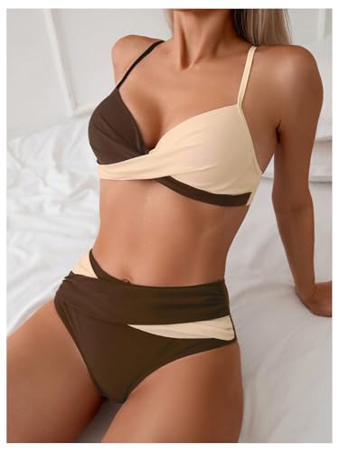 Verdusa Women's 2 Piece Color Block Swimsuit Underwired Criss Cross High Waisted Bikini Set3