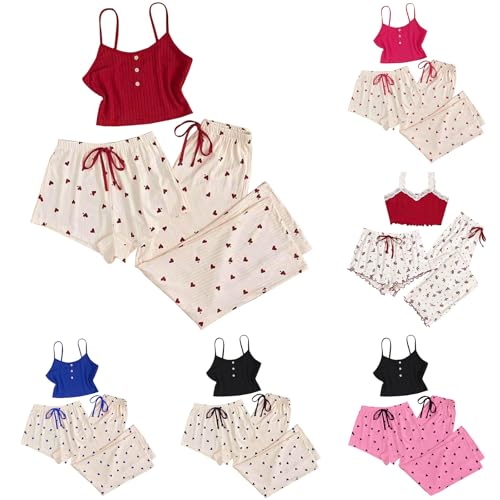 Conjunto de pijama de verano de 3 piezas para mujer, camiseta sin mangas, pantalones cortos con cordón + pantalones de cintura alta, pantalones cómodos con estampado de corazón, conjunto de pijama