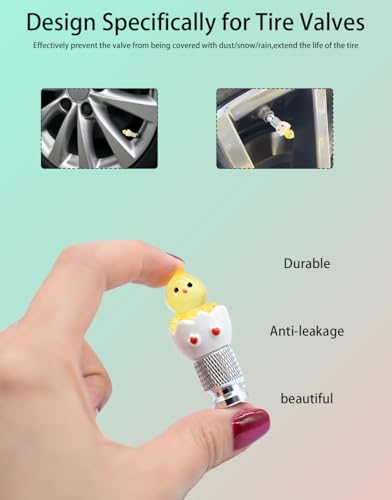 4-Pack Handmade Silver Base Yellow Eggshell Chicken Valve Stem Caps for Schrader Valves, Fun & Unique Car and Bike Accessory, Cute Tire Decoration, Novelty Wheel Accent