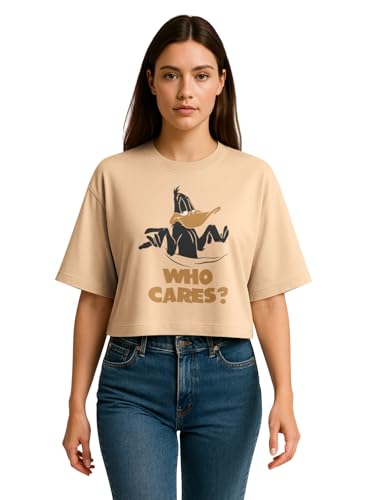 Image of HELLCAT Beige Printed Loose Fit Crew-Neck Crop T-Shirt for Women