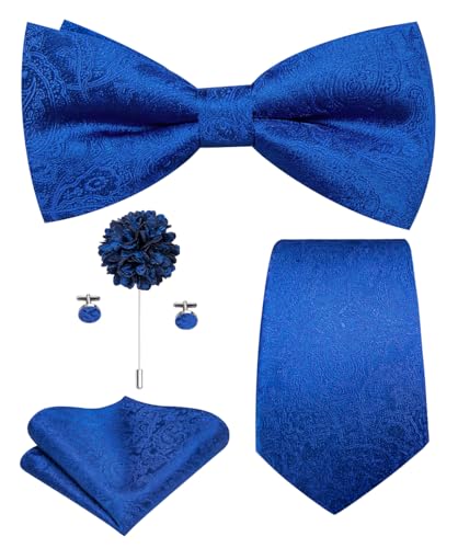 Image of Hi-Tie 5Pcs Mens Solid Color Silk Tie Satin Pretied Bowtie Lapel Pin for Men Handkerchief Cufflink Wedding Gift Box