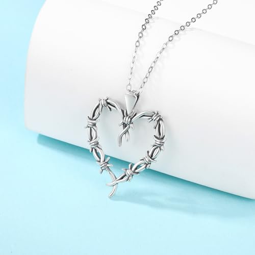 Heart Thorn Necklace 925 Sterling Silver - Gothic Barbed Wire Vintage Rose Heart Necklace for Women Man Punk Halloween Jewelry Gift4