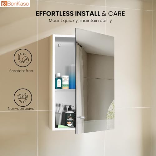 Image of BonKaso Premium Bathroom Cabinet with Mirror | 304 Stainless Steel Wall-Mounted Mirror Cabinet for Wash Basin & Bathroom Storage (10x16 Inch, Chrome Finish)