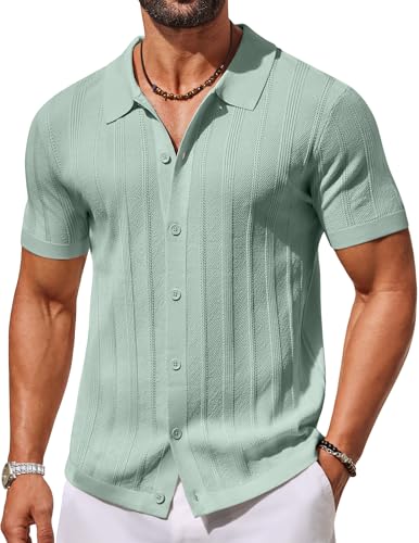 COOFANDY Mens Knit Button Down Shirts Short Sleeve Polo Shirt Casual Vacation Summer Beach Shirts Sage Green