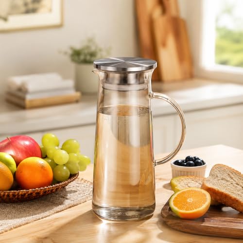 Image of Wringo Premium Glass Waters Jugs - 1.2 LTR, (Set of 1) Transparent, Hot Cold Water Glass Pitcher with Steel Lid Water Jug, Iced Tea, Milk and Juice Beverage Carafe, Lemon Jug 1200ML (WQ-02)