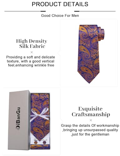 Image of DiBanGu Paisley Ties for Men Silk Necktie and Pocket Square Cufflinks Tie Clip Set Woven Classic Mens Tie for Wedding Party
