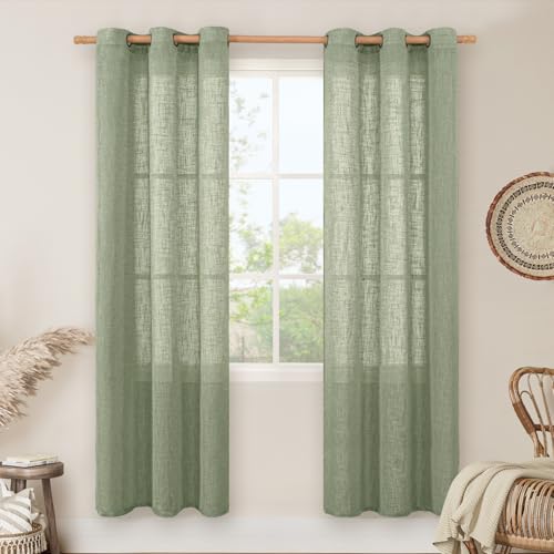 Image of LAMIT Linen Curtains for Living Room 80 Inch Length, Bronze Grommet Light Filtering Semi Sheer Neutral Lightweight Rustic Farmhouse Boho Drapes for Bedroom, 2 Panels, Sage Green, 34 x 80 Inch