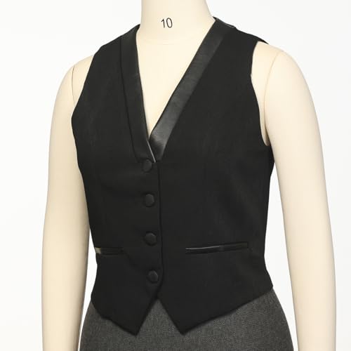 V Neck Suit Vest for Women, Black Sleeveless Button Down Crop Vest Office Waistcoat Top Blazer Coat3