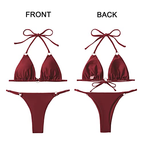 Image of MIKETAI Sexy Bikinis for Women 2 Piece Bikini Spaghetti Strap Swimsuits Solid Color Bathing Swimwear Triangle Bathing Suit
