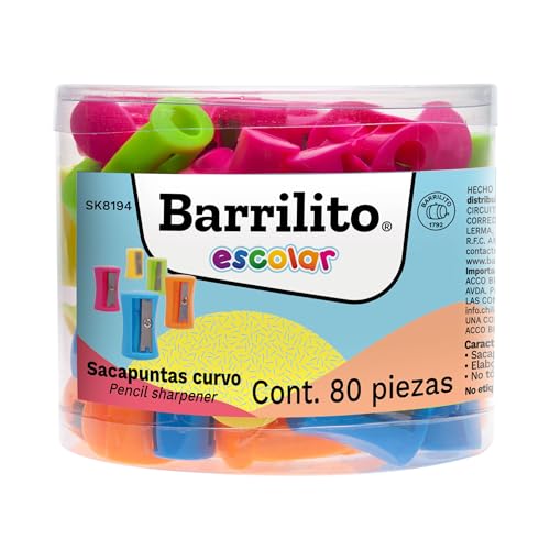 Listado de Sacapuntas los más recomendados. 42 Barrilito Sacapuntas plástico curvo. Bote con 80 piezas de colores. SK8194