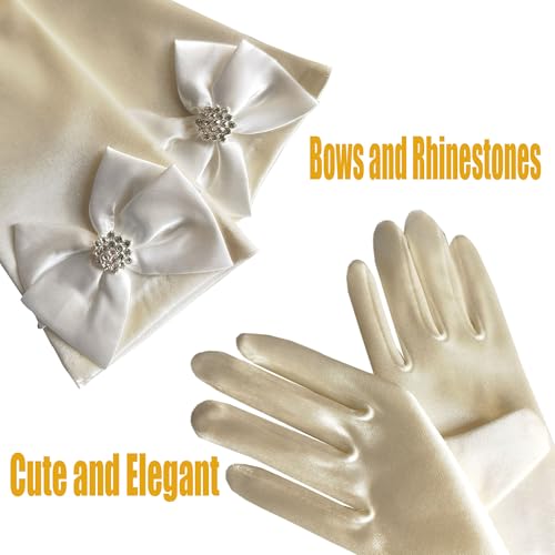 Leimandy Short Satin Gloves Wrist Length Ivory Gloves Flower Girl Tea Party Gloves for Girls Bow First Communion Gloves J23