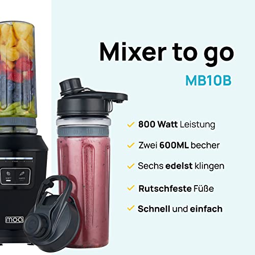 MOA Mixer - Mixer to go - Mini Mixer Blender - 2 Tritan-bekers met 600 ml - Smoothie Maker - 800W - Zwart - MB10B - Afbeelding 3