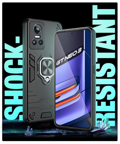 Image of WOW IMAGINE Shock Proof Back Case Mobile Cover for Realme GT Neo 3 5G | Back Cover Case (Tough Armor | Hybrid PC + TPU | Ring Holder & in-Built Kickstand | Black)