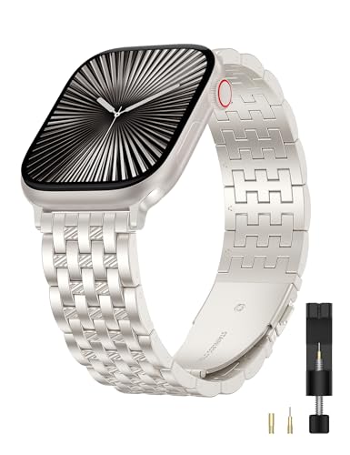 Image of W-RARA Compatible with Apple Watch Band 38 /40 /41 /42 /44 /45 /46 /49mm Women Men, Dressy Stainless Steel Seven-link Horizontal Texture Metal Strap for iWatch Series 11 10 9 8 7 6 5 4 SE Ultra 3 2 1