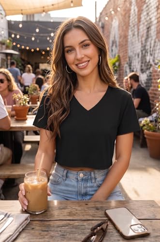 Image of Womens Crop Tops Short Sleeve V Neck Summer Cropped T Shirts Baisc Tees