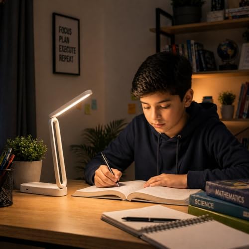 Image of SaleOn LED Rechargeable Foldable Desk Lamp | 1200mAh Battery | 5 Brightness + 3 Colour Modes | Memory Function | Touch Control | USB Type-C | Eye Protection Reading Lamp for Students, Office & Bedside
