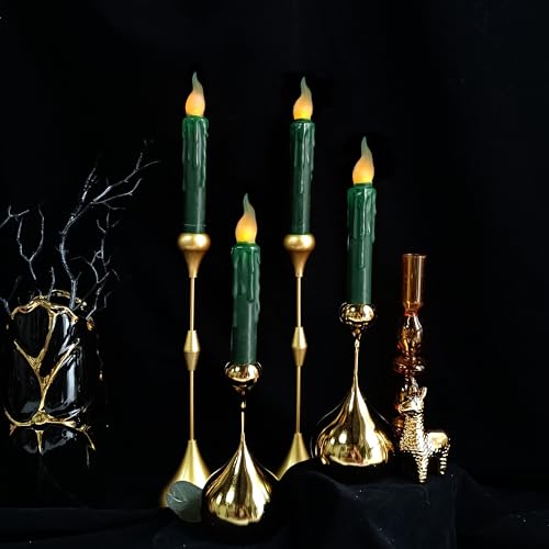 Image of Real Wax LED Flameless Short Taper Candles with Remote, 6.7 Inches Green Candlesticks, Dripless Battery Operated Flame Rustic Primitive Flameless Lights Holiday Decor, Pack of 2