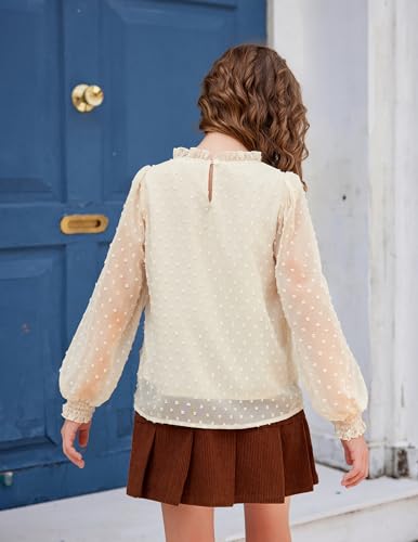 Image of Arshiner Girls Long Sleeve Shirts Chiffon Blouses Swiss Dot Frill Neck Top