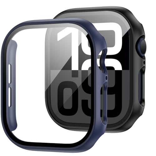 Image of JZK 2 Pack Case with Tempered Glass Screen Protector for Apple Watch Series 11(2025) Series 10 46mm,Slim Guard Full Coverage Hard PC Ultra-Thin Cover for iWatch 11 /10 46mm Accessories,Black+Blue