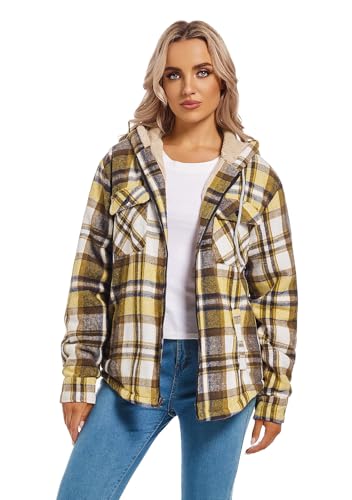 WINDFIT Damen Fleece-Flanelljacke mit durchgehendem Reißverschluss, kariert, Sherpa-Futter, Jacke für Damen, gelb, L