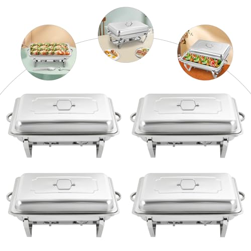 4pcs Edelstahl Chafing Dish, 9L Speisenwärmer Warmhaltebehälter mit Deckel & 2 Brennstoffhalterungen, Buffetwärmer Wärmebehälter für Speisen, Lebensmittelwärmer für Buffet, Catering, Party, 62*34*31cm – Bild 3