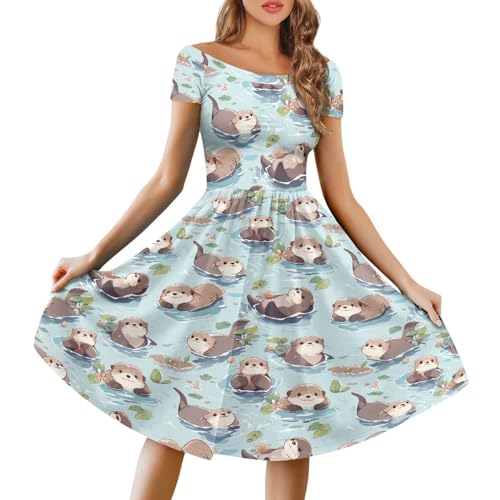 Women's Boho Sexy Off Shoulder Short Sleeve Smocked Dress Summer Midi Dress, Size XS-4XL3