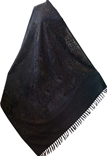 Large Crewel Ari Embroidery Black on Black Wool Shawl in Floral Pashmina 80