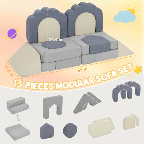 Image of 13-Piece Floral Foam Climbing Blocks for Toddlers,Gray & Beige | Modular Soft Play Climbing for Indoor,Crawing Toys with Washable Cover for Playrooms,Bedrooms & Preschool