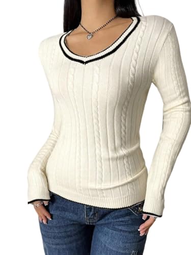 Pullover Fall Sweater for Women Rib-Knit Long Sleeve V Neck