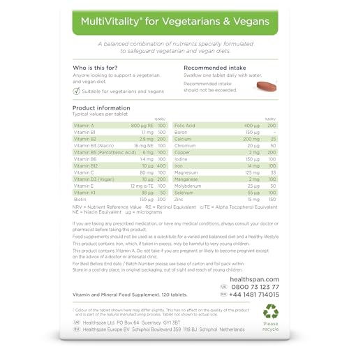 Healthspan Multivitamin for Vegetarians & Vegans, 120 Tablets | Winner Vegan Choice Awards | Promotes Immune Health & Energy Levels | Supports Bones, Teeth & Muscles | with Calcium, Iron & Zinc - Image 3