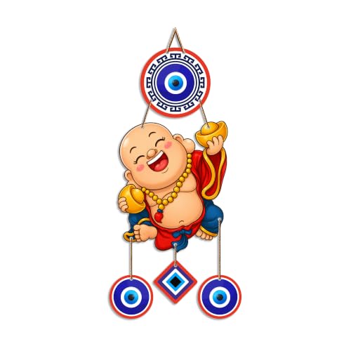 Image of Artvibes Happy Buddha with Gold Ingot Evil Eye Wall Hanging | Wealth Attraction Prosperity Decor | Lucky Nazar Battu Ornament for Home Entrance | Living Room | Office | Gift Item (WH 85144N)