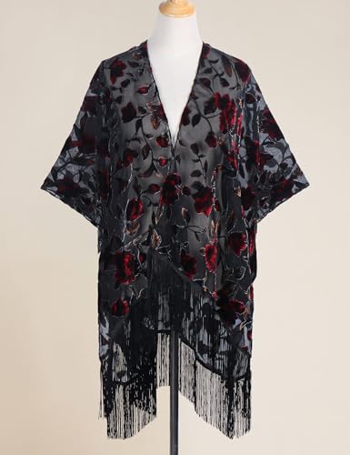 Image of MJ SERECA Women's Burnout Velvet Kimono Cardigan Cover Up with Tassel