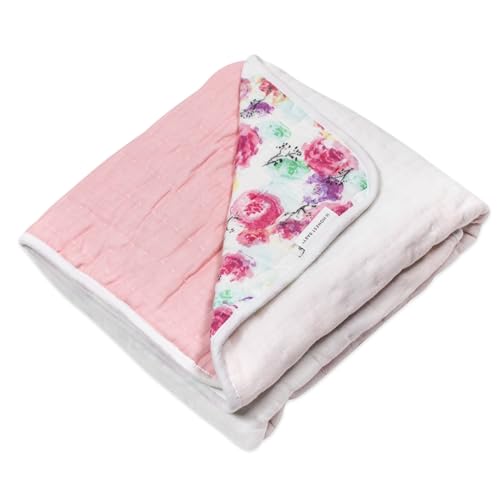 Image of HonestBaby Hand-Quilted Baby Blanket Reversible 100% Organic Cotton for Infant Boys, Girls, Rose Blossom /Pink, One Size