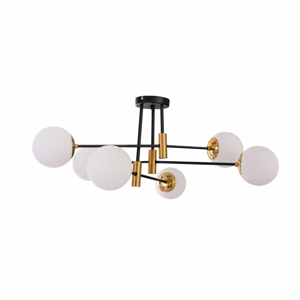Tekled Opal Globe Modern 6 Light Opal Glass Globe Sputnik Chandelier Gold And Black Metal Semi Flush Mount Close To Ceiling Light | E27 Bulb Base | For Kitchen Island Living Bedroom Hallway (Bulb Not Included)